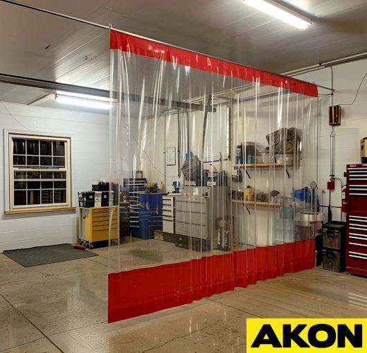 body shop curtains vinyl red and clear