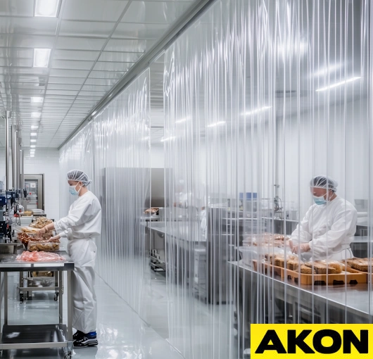 Industrial vinyl strip curtains and containment curtain panels used for wash bay splash control, forming a durable curtain barrier around work zones.