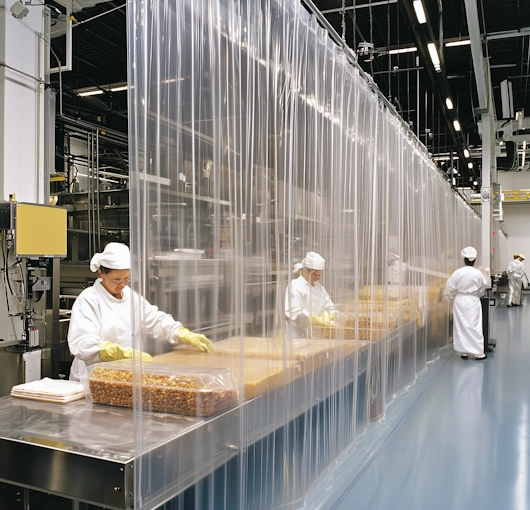 Clear industrial strip curtains used for hygienic separation in a food processing facility, maintaining workflow visibility while controlling temperature and contamination.