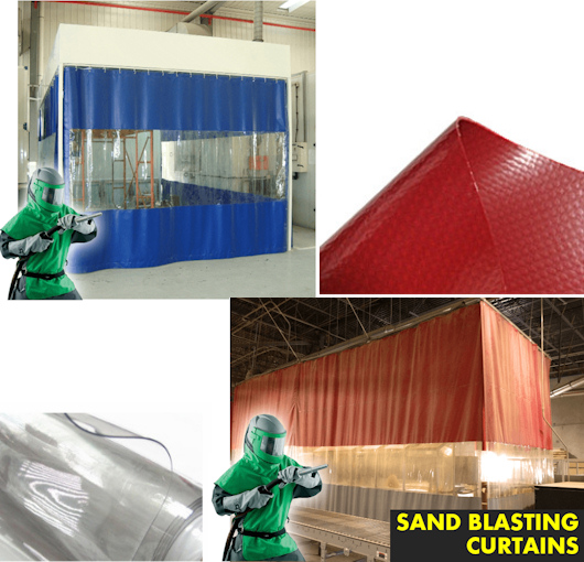 Heavy-duty sandblasting curtains forming an enclosed industrial booth, designed to contain abrasive media, dust, and debris during surface preparation processes.