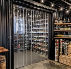 Transparent strip curtain doorway installed in a temperature-controlled retail storage area to maintain climate separation while allowing easy access.
