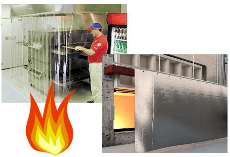 Composite showing high-temperature oven curtains including clear PVC strip curtains and heavy industrial heat-retaining curtains, used to control heat in commercial and manufacturing ovens.