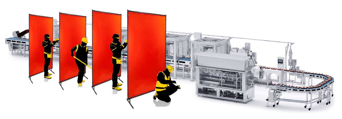 Red PVC divider curtains installed between workstations to protect employees and reduce transmission of airborne particles.