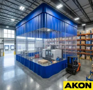 Large industrial curtain walls dividing the interior of a warehouse into separate work or storage zones.