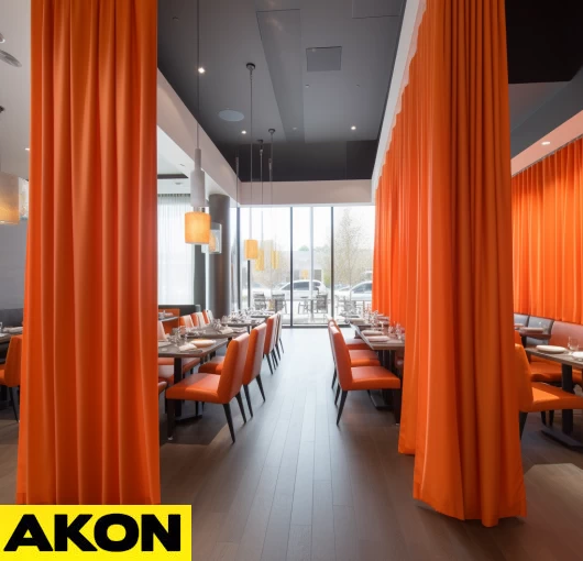 Bright orange industrial curtain dividers used for space separation in a commercial interior, creating defined dining areas while maintaining an open layout.