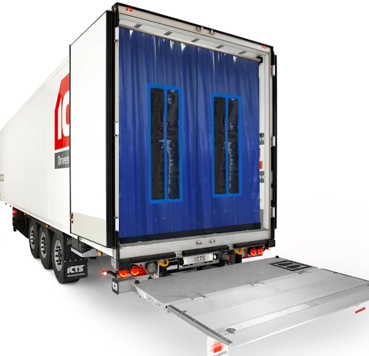 Blue insulated dock door curtains with clear vision panels installed on a refrigerated delivery truck to maintain temperature control during loading.