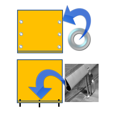 Diagram illustrating industrial curtain mounting options, showing reinforced edges and weighted bottoms for stability and proper installation.