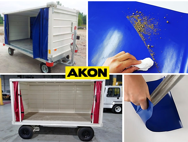 Airline ground support baggage cart curtains in rugged PVC, illustrating industrial curtain application in aviation service.