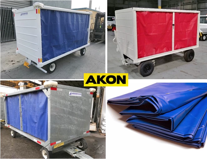 Custom baggage cart curtains in industrial PVC for airport ground equipment, designed for durability and replacement use.