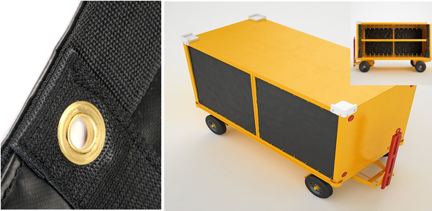 Custom-made side curtains for baggage cart trailers, showing reinforced edges and durable fabric for heavy usage.