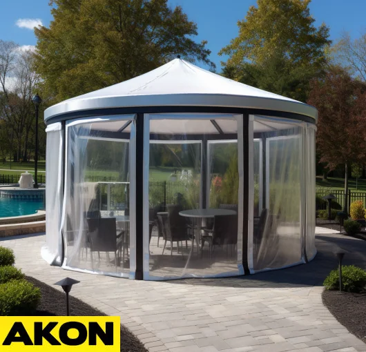 hexigonal pavilion with clear curtains hexigonal pavilion with clear curtains