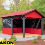 outdoor pavillion with side tarps panel to block wind and sunlight