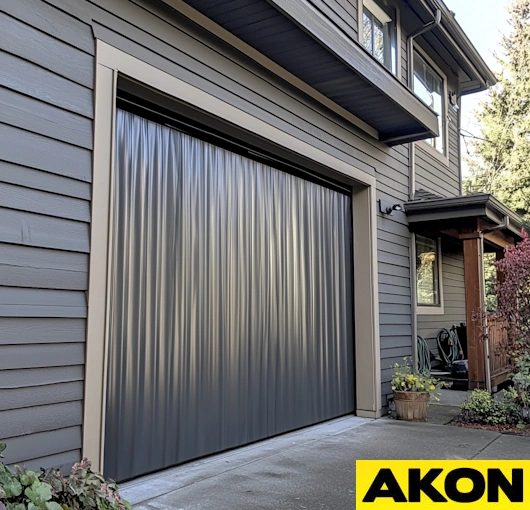 Heavy-duty insulated garage door curtain in neutral vinyl covering a residential garage entrance for enhanced thermal efficiency and weather protection