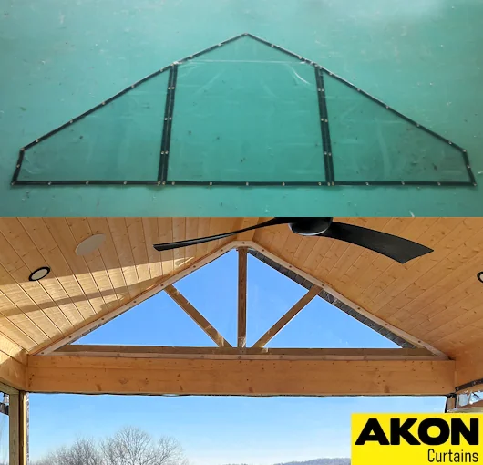 Custom triangular gable curtain panel shown during fabrication and installed in a timber pavilion, designed to seal the roof peak from weather.