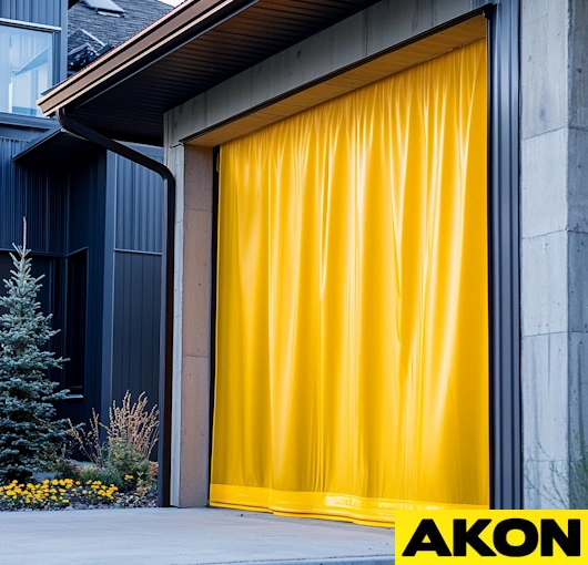 Wide insulated garage door curtains installed over a large garage opening, designed for temperature control and energy savings