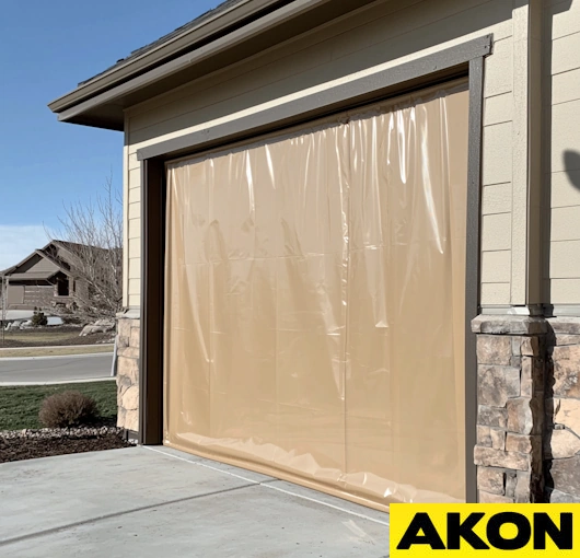 Heavy-duty insulated garage door curtain in neutral vinyl covering a residential garage entrance for enhanced thermal efficiency and weather protection
