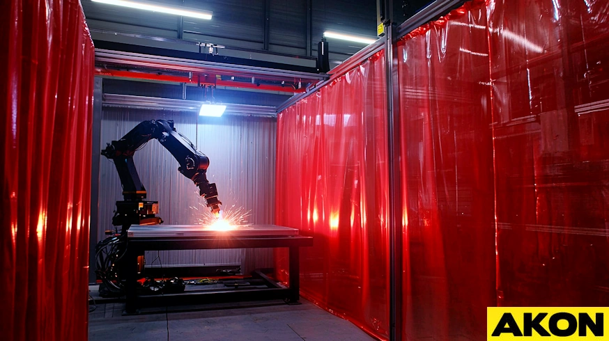 Flexible welding partitions with robust curtains creating segmented work zones, enhancing safety and workflow in large industrial fabrication spaces