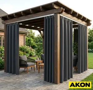 Durable custom sized outdoor curtain panels installed at an exterior commercial or industrial opening.