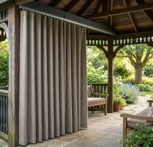 Durable custom outdoor curtains mounted on a track system for commercial or industrial exterior use.