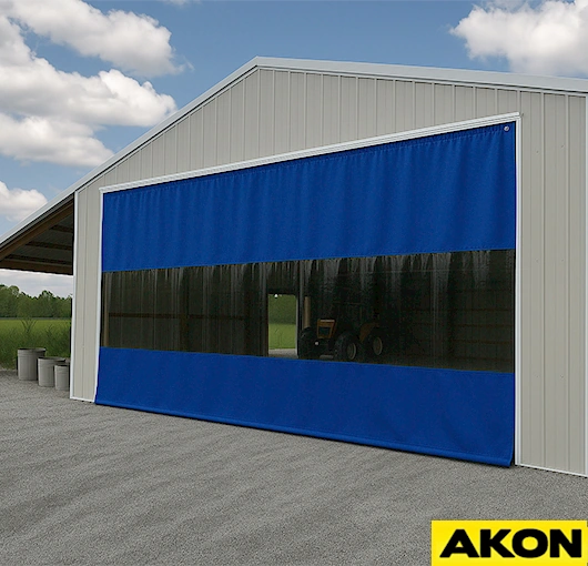 AKON Clear vinyl garage door curtains provide visibility while blocking weather