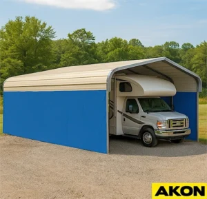 Custom RV carport side panel covers providing weather protection and privacy by AKON