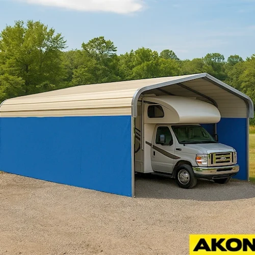Custom RV carport side panel covers providing weather protection and privacy by AKON