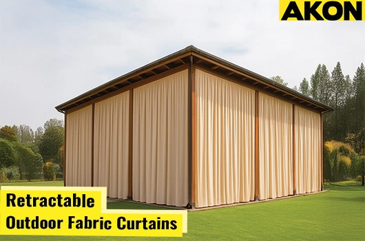 outdoor-fabric-retractable-curtains-for-large-pavilions Outdoor fabric retractable curtains for large pavilions, offering shade and privacy by AKON