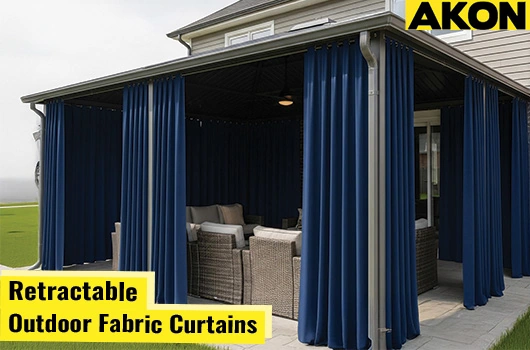 outdoor-fabric-retractable-curtains-for-patios Outdoor fabric retractable curtains providing shade and privacy for patios by AKON