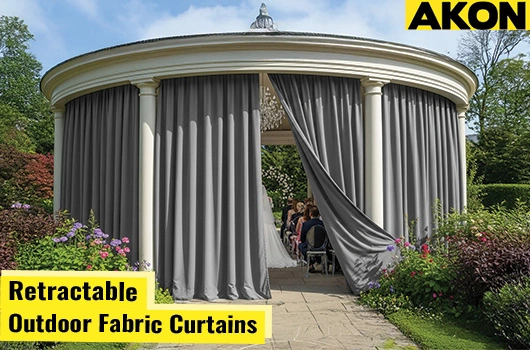 outdoor-fabric-retractable-curtains-for-sun-protection Outdoor fabric retractable curtains offering effective sun protection and shade by AKON