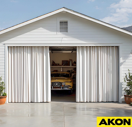Vinyl curtains for garage doors protect from weather and dust by AKON