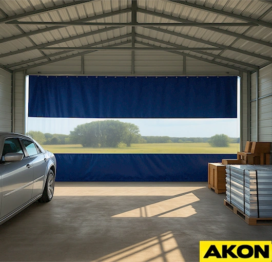 AKON Durable vinyl garage door curtains protect garage openings from elements