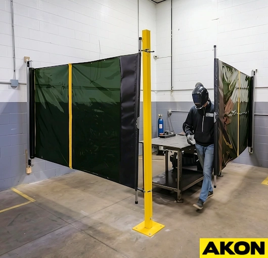 retractable welding screens for weld bays