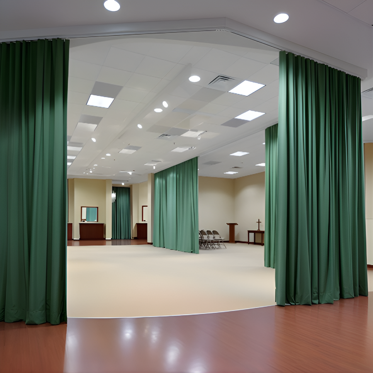 Green church divider curtains separating open space in a church community hall