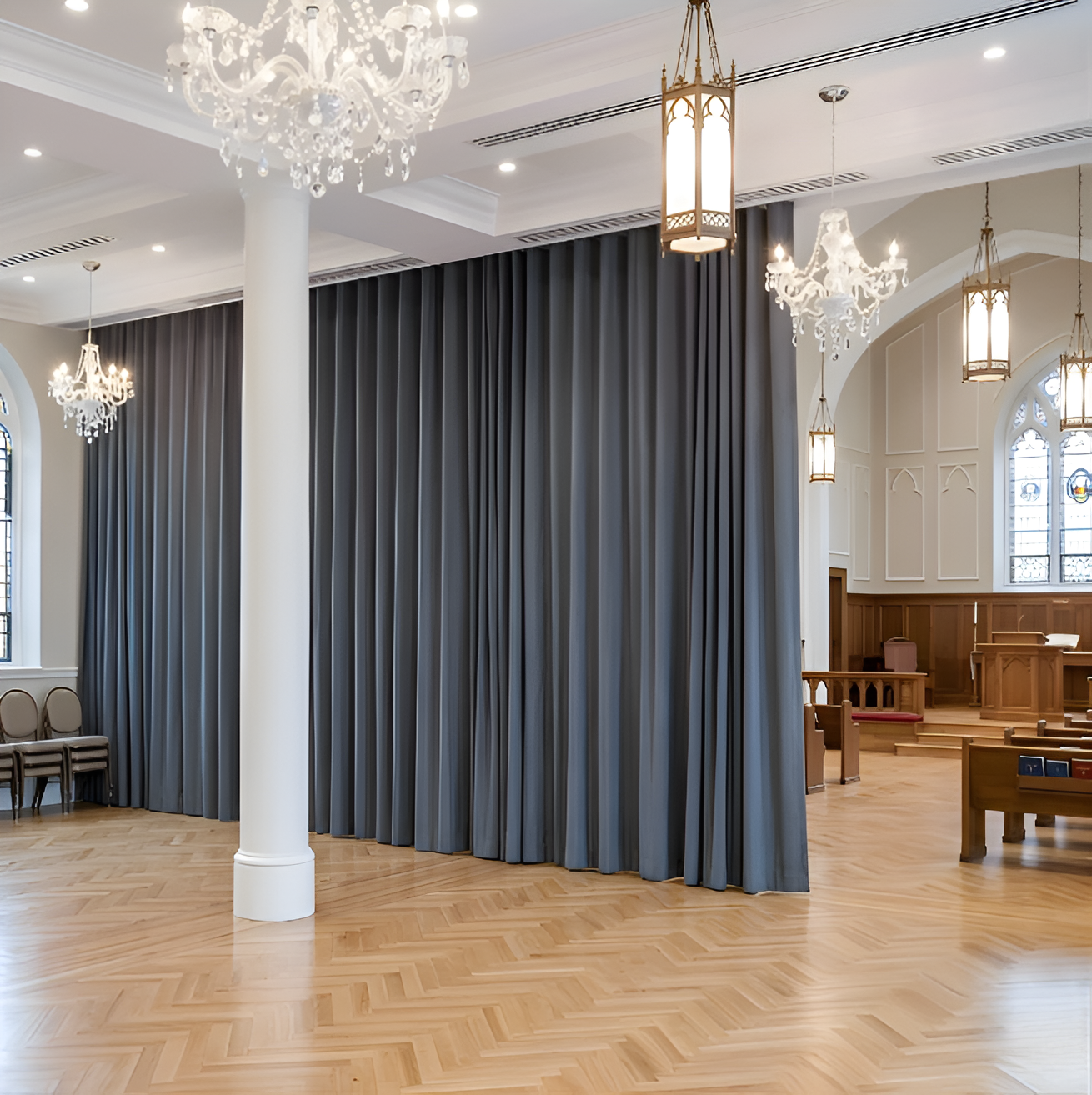 Grey church divider curtain separating space inside a traditional church sanctuary
