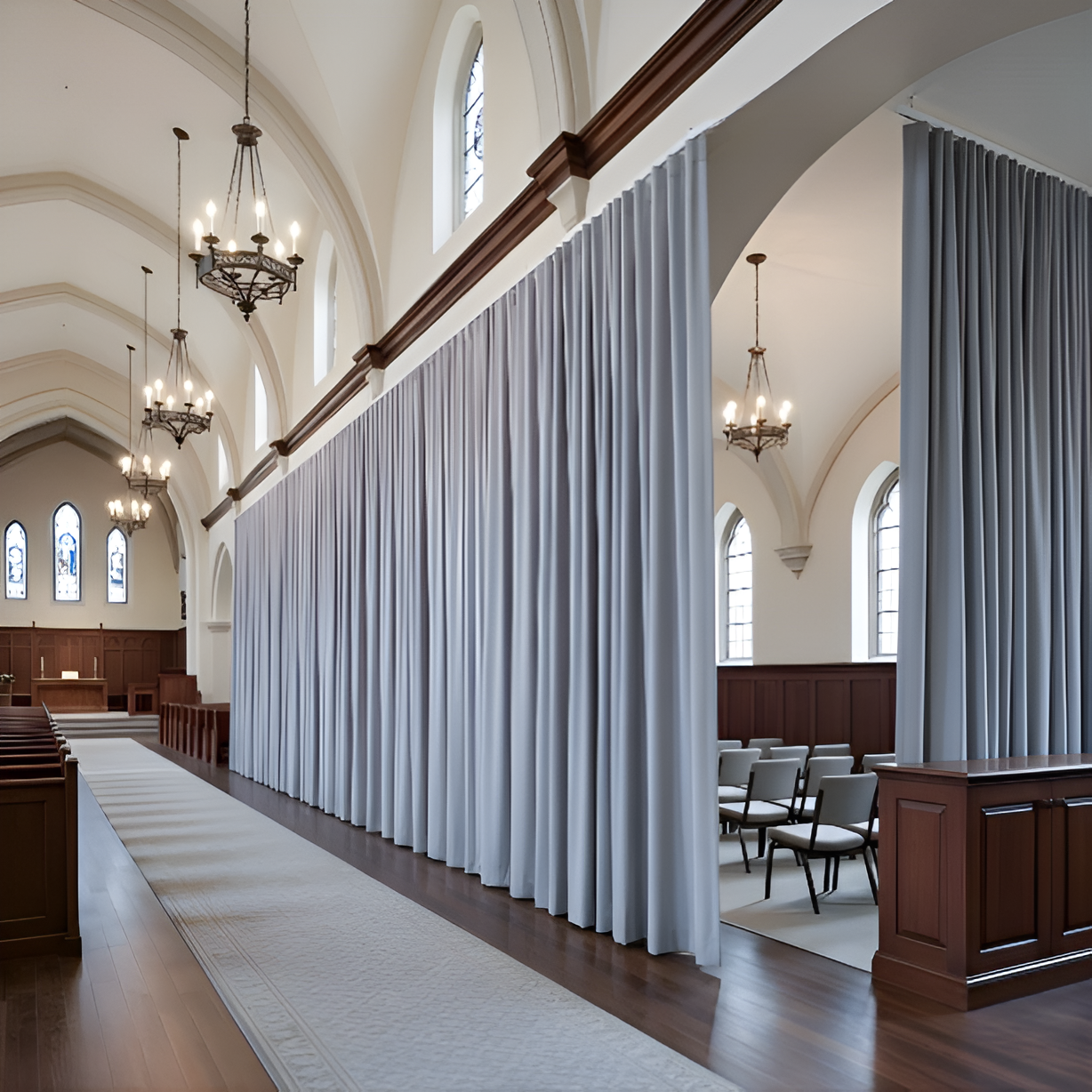 Large church divider curtain spanning across the interior of a church sanctuary