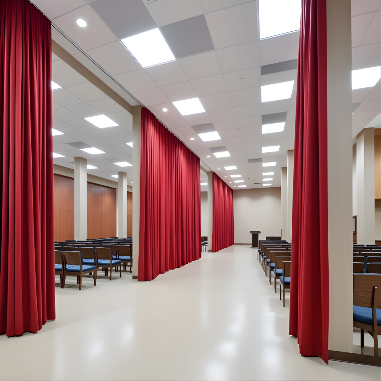 Red church divider curtains used to partition seating areas in a church hall
