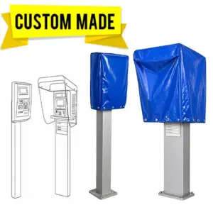 Heavy duty yellow vinyl protector covering a payment terminal in a commercial or industrial setting.