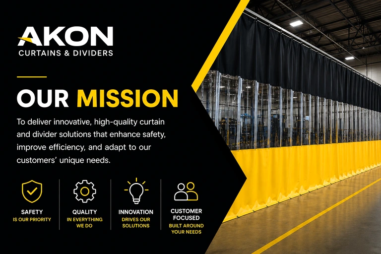AKON Curtains mission statement graphic outlining the company's core commitments to industrial and commercial curtain customers.