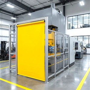 A yellow roll-up safety guard used to protect doorways or machinery access points in an industrial facility.