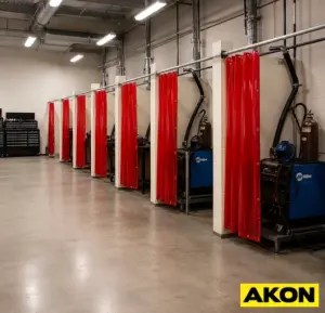 A flame-resistant welding curtain hanging in an industrial workspace to contain sparks and shield nearby workers.