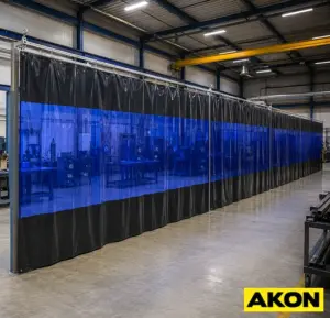 Flame-resistant welding partition curtains dividing an industrial workspace to contain sparks and arc flash.