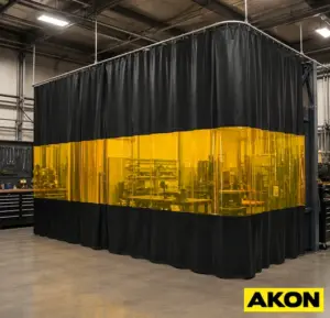 Industrial welding curtains installed in a shop to shield workers and equipment from arc flash and spatter.