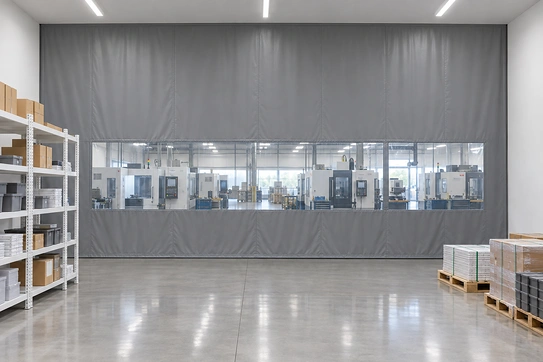 Gray vinyl curtain wall running from floor to ceiling with a clear vision panel, separating clean storage from CNC machines