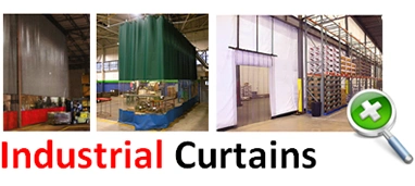Collection of industrial curtains installed in warehouse and manufacturing facility settings.