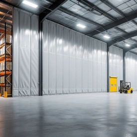 Insulated curtain wall installed inside a warehouse to divide and temperature-control a large open space.