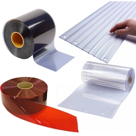 PVC replacement strip curtain panels for industrial doorways, shown as individual strips ready for installation.