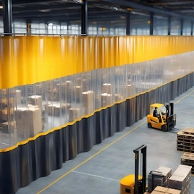 Vinyl curtain walls installed inside a warehouse to divide large open floor space into separate work zones.